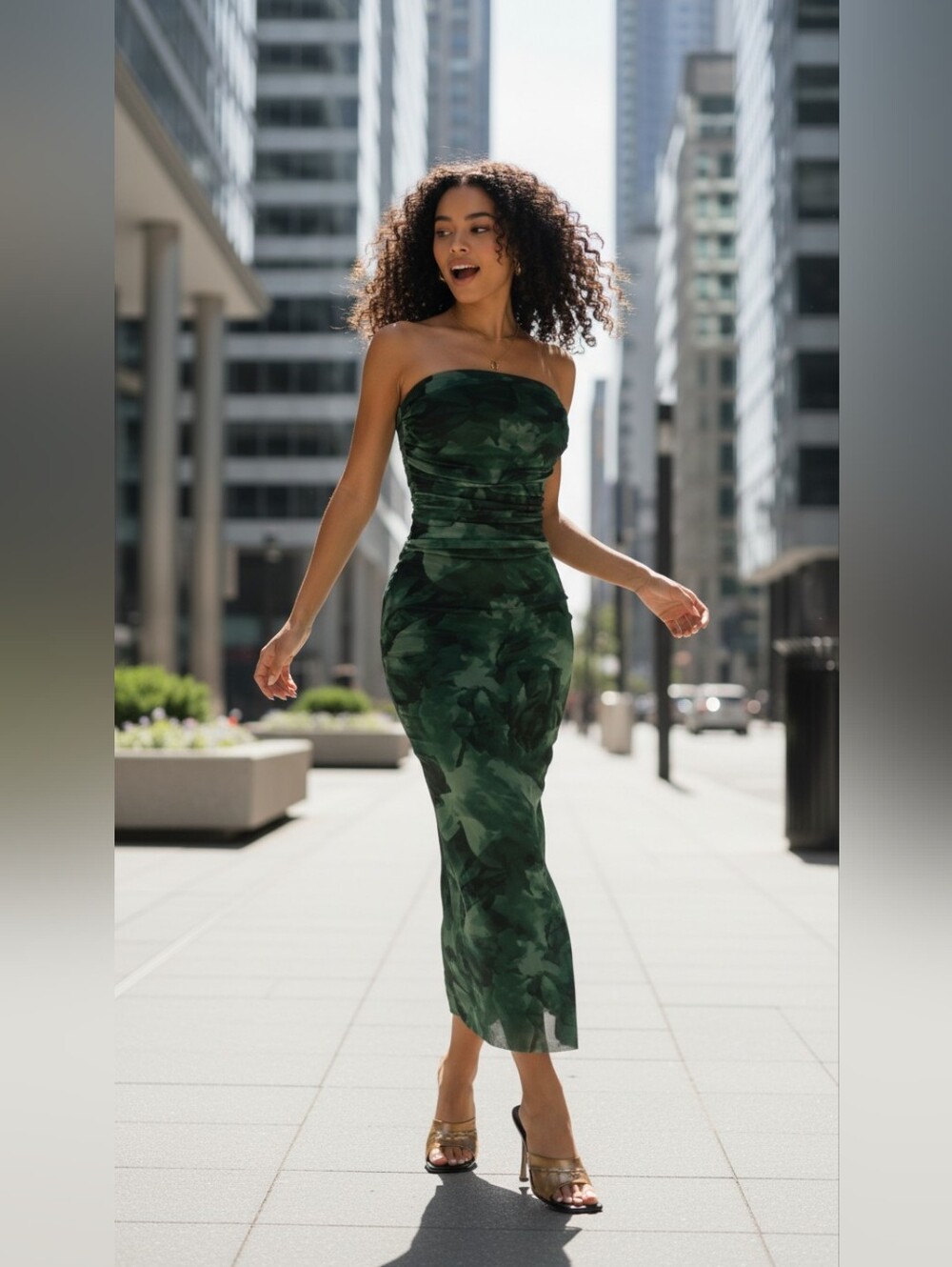 Strapless Green Marble Midi Sheath Dress